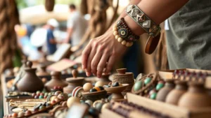 Close-up of artisan vendor hands arranging handcrafted goods on wooden market booth display with natural lighting and colorful products visible