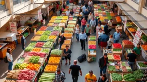 Overhead shot of a bustling farmers market with diverse vendor stalls, colorful fresh produce displays, shoppers browsing, natural sunlight, diverse ages and ethnicities interacting, vibrant community atmosphere, no signage visible