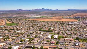Aerial panoramic view of sprawling Phoenix suburban development with diverse residential neighborhoods, modern homes, and desert landscape in background, business district visible in distance, clear Arizona sky