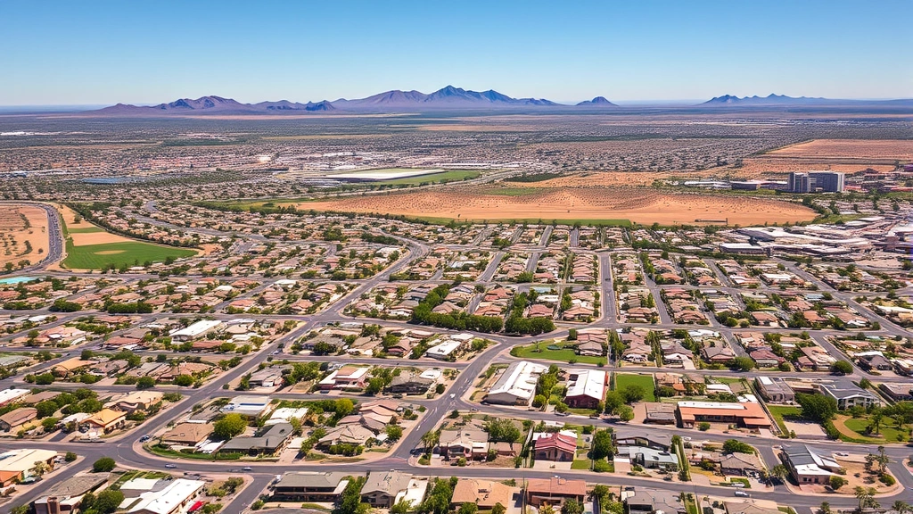 Aerial panoramic view of sprawling Phoenix suburban development with diverse residential neighborhoods, modern homes, and desert landscape in background, business district visible in distance, clear Arizona sky