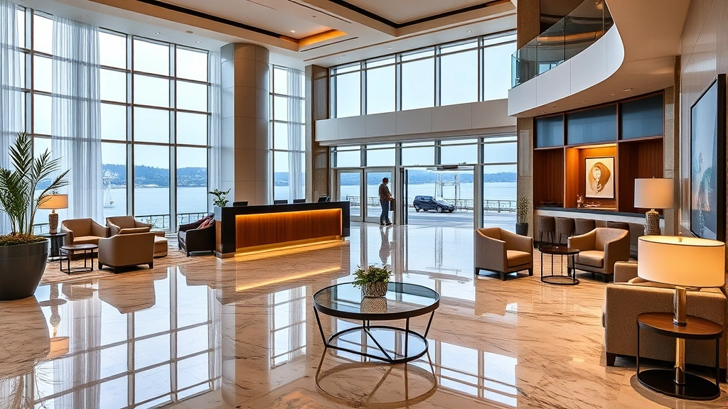 Upscale hotel lobby with modern Seattle-inspired design, marble flooring, contemporary furniture, professional concierge desk area with subtle waterfront views visible through windows, warm lighting, no text or signage